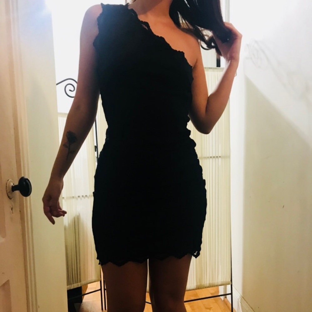 One shoulder, lace dress